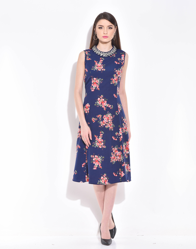 Blue Long Shift Floral Print Dress